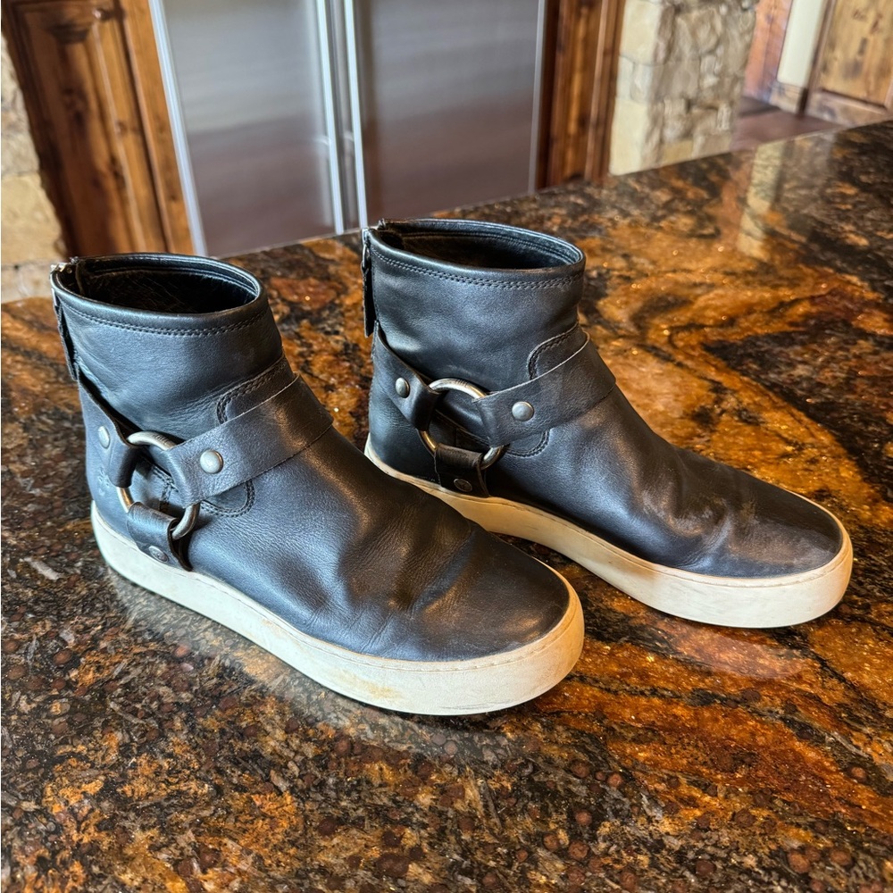 Frye Women’s Black Leather Ankle Boots with Buckle Detail